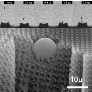 Ultra-high-speed frames of supersonic microparticle impact (top) & post-mortem cross-section depicting embedded micro-projectile & compaction in nanomaterial (bottom).