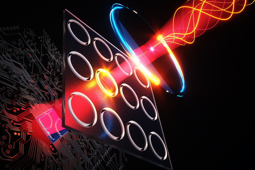 llustration shows terahertz illumination (yellow curves at top right) entering the new camera system, where it stimulates quantum dots inside nanoscale holes (shown as illuminated rings) to emit visible light, which is then detected using a CMOS-based chip (bottom left) like those in digital cameras. Credits: Courtesy of the researchers