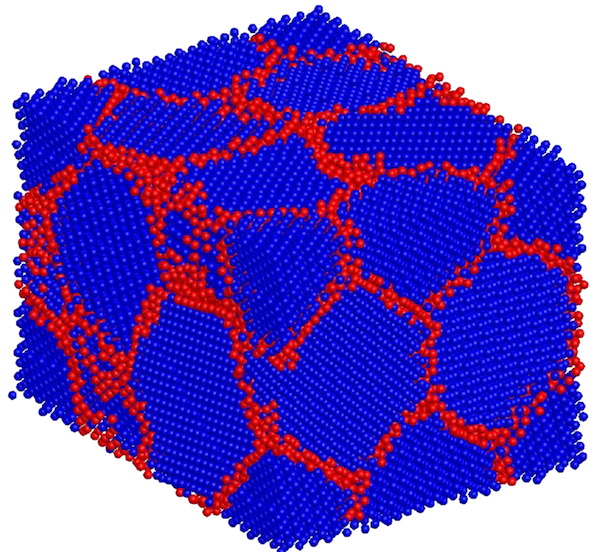 A blue cube representing a bulk metal with a network of red representing a secondary metal to stabilize the grain boundaries of the bulk metal.