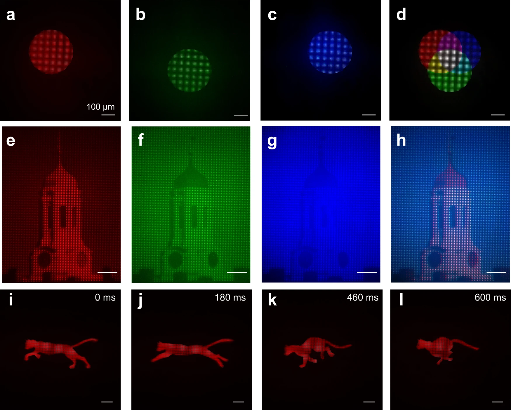 VR images of a red, green, and blue circles; a Harvard tower in red, green, and blue; different frames showing a running cat on a black background