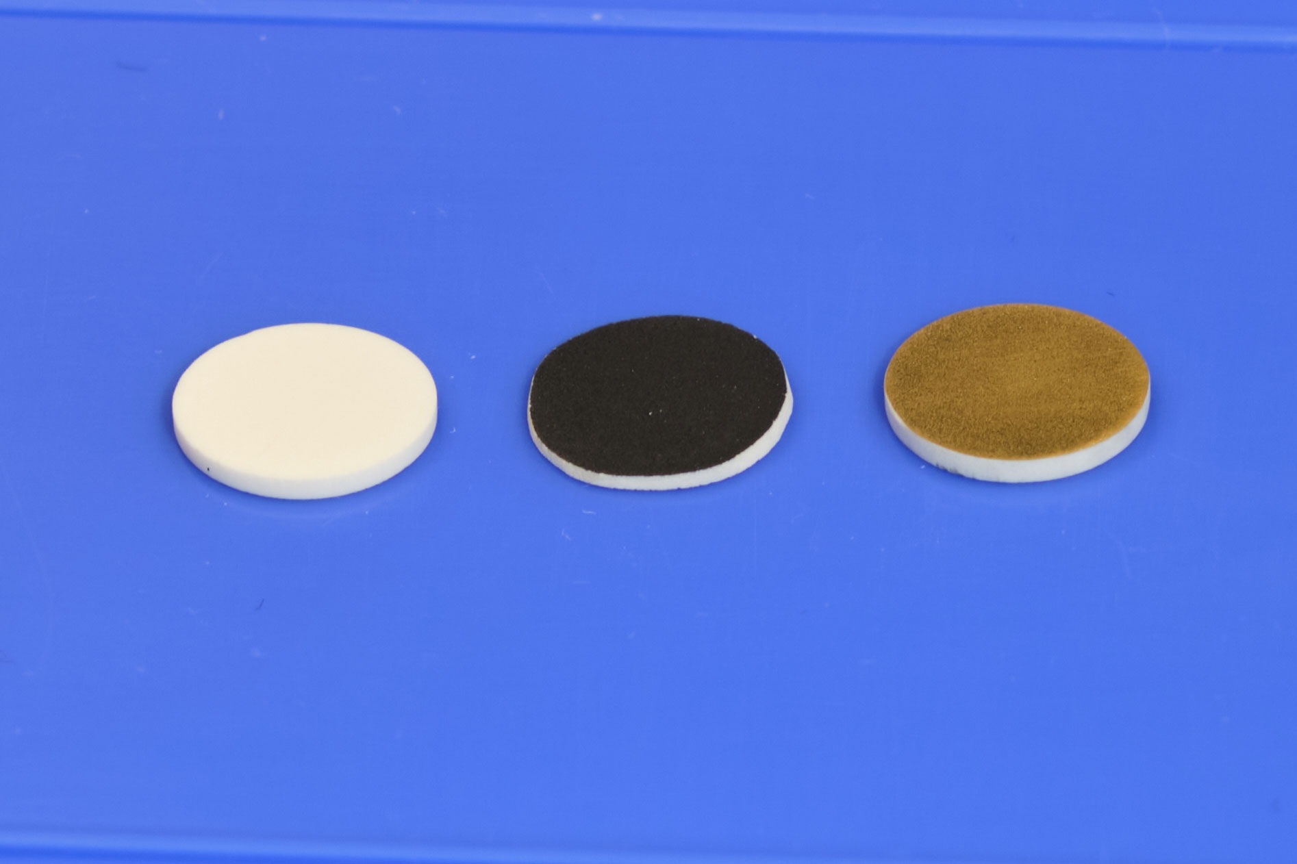 White, black, and brown discs on a blue background.