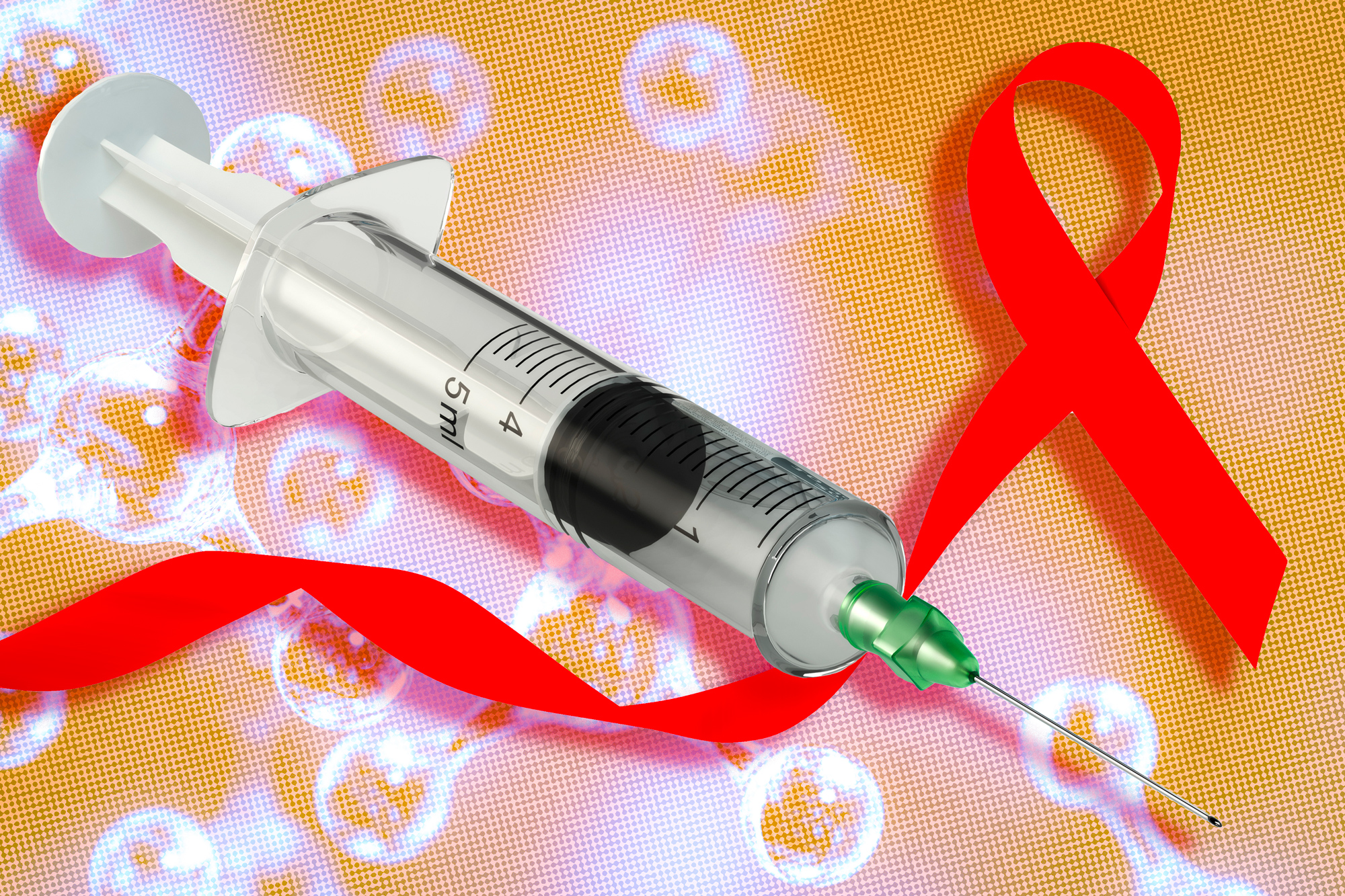 A syringe adorned with a red ribbon, symbolizing a new nanoparticle adjuvant enhancing vaccine efficacy in mice studies.