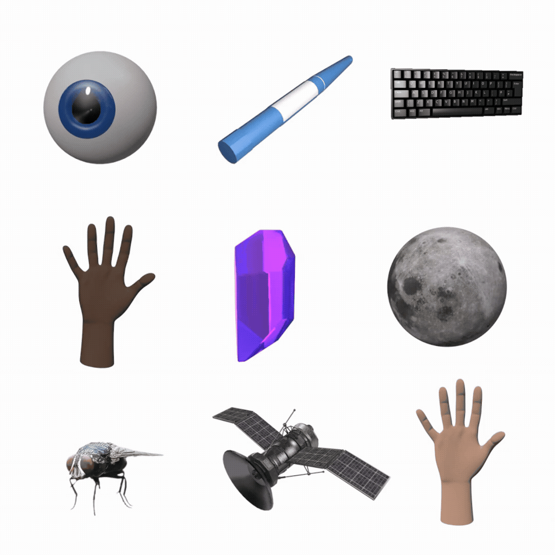 nine objects arranged in a grid: (L–R top) eye, metered-dose syringe, keyboard; (L–R middle) hand, crystal, moon; (L–R bottom) fly, satellite, hand. Illustrations by Ruru Kuo.