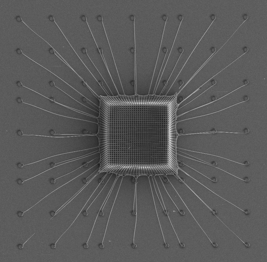 Engineers at MIT, Caltech, and ETH Zürich find “nanoarchitected” materials designed from precisely patterned nanoscale structures (pictured) may be a promising route to lightweight armor, protective coatings, blast shields, and other impact-resistant materials. (Image: Courtesy of the researchers)