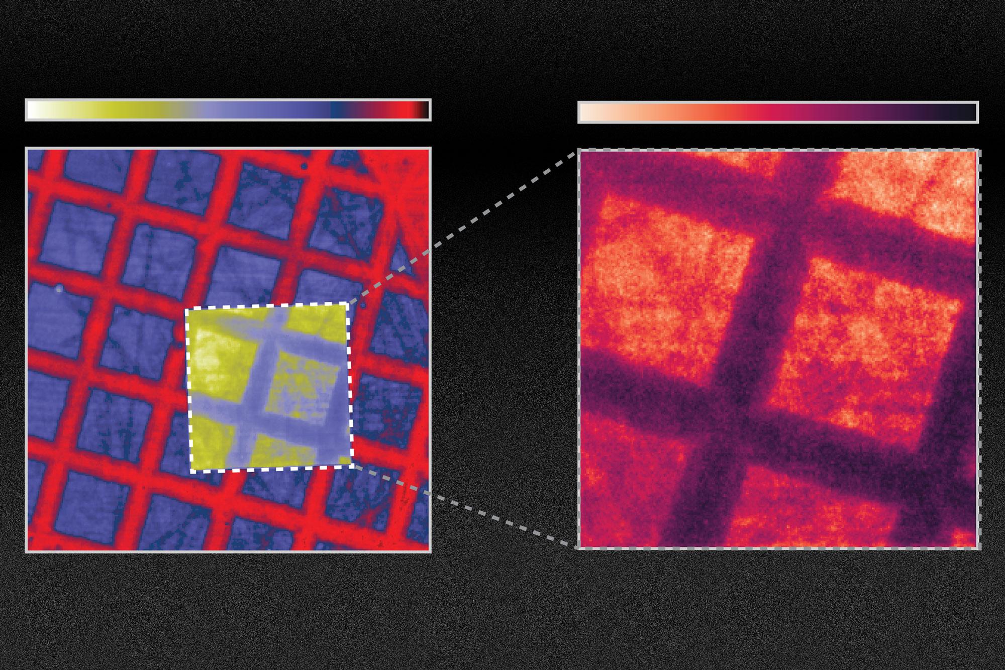 Two differently colored squares, demonstrating improved scintillator efficiency via surface modifications as researched at MIT.