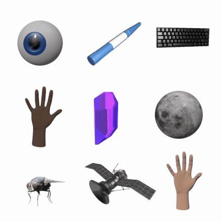 nine objects arranged in a grid: (L–R top) eye, metered-dose syringe, keyboard; (L–R middle) hand, crystal, moon; (L–R bottom) fly, satellite, hand. Illustrations by Ruru Kuo.