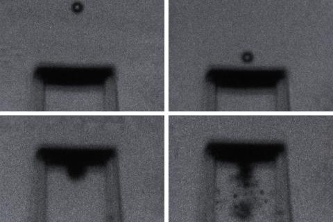 A series of four video stills of a microparticle hitting a structure made of metamaterials.