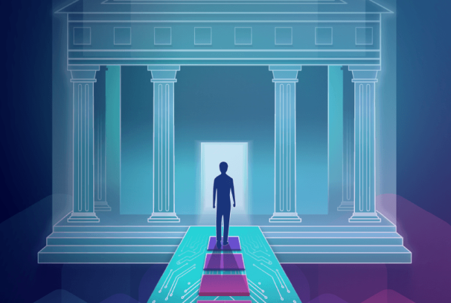 Stylized illustration of a person walking along a circuit-board pathway toward an illuminated doorway in a classical building, symbolizing the convergence of technology, research, and human health.