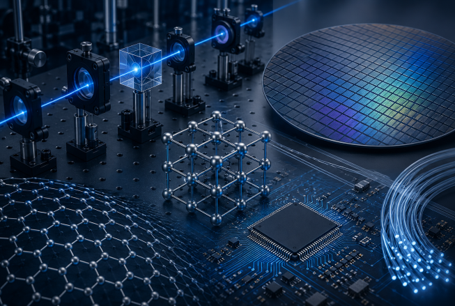 Abstract deep-tech image showing an integrated laboratory scene with optical components, a blue laser beam, a semiconductor wafer, microelectronics, fiber-optic strands, and nanomaterial lattice structures arranged on a dark optical table.